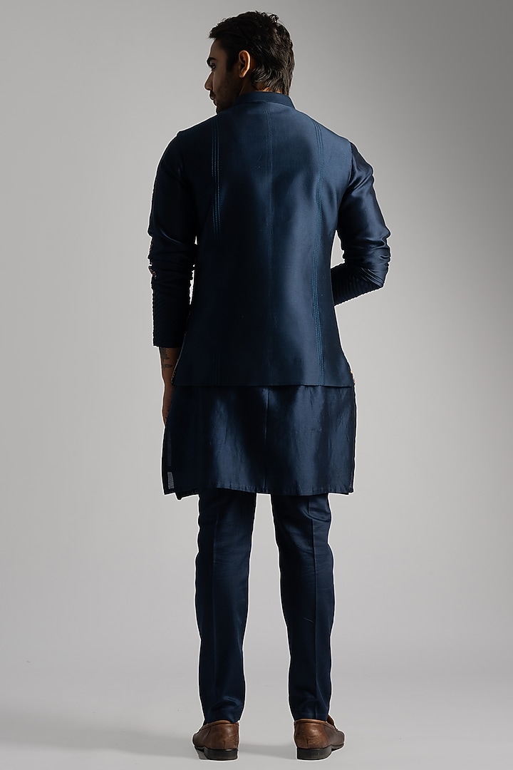 Royal Blue Chanderi & Cotton Threadwork Nehru Jacket Set by PAARSH at Pernia's Pop Up Shop