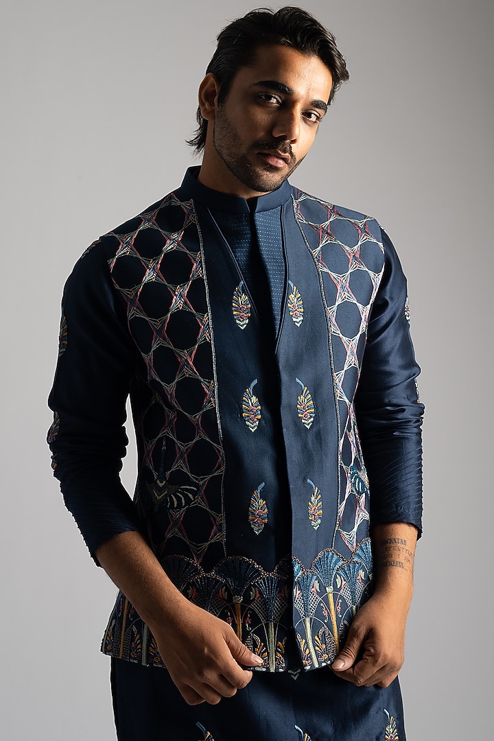 Royal Blue Chanderi & Cotton Threadwork Nehru Jacket Set by PAARSH at Pernia's Pop Up Shop