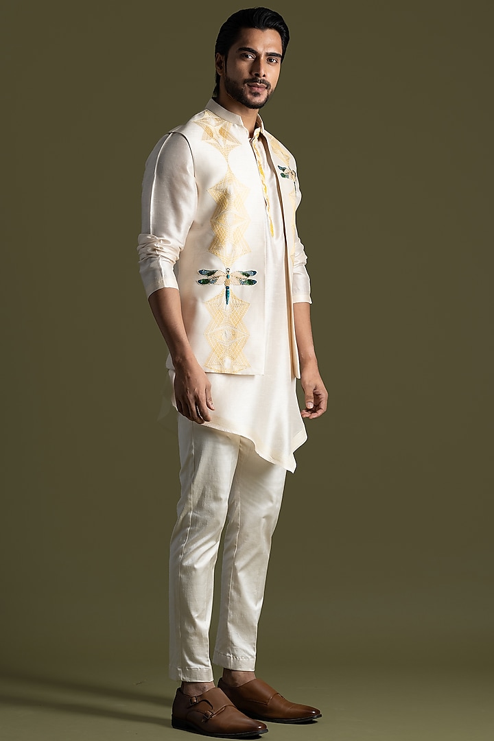 Cream Bemberg Silk & Cotton Thread Embroidered Indowestern Set by PAARSH