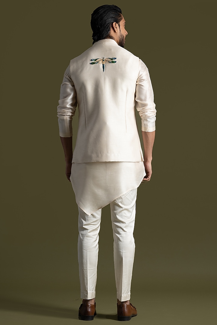 Cream Bemberg Silk & Cotton Thread Embroidered Wedding Indowestern Set by PAARSH at Pernia's Pop Up Shop