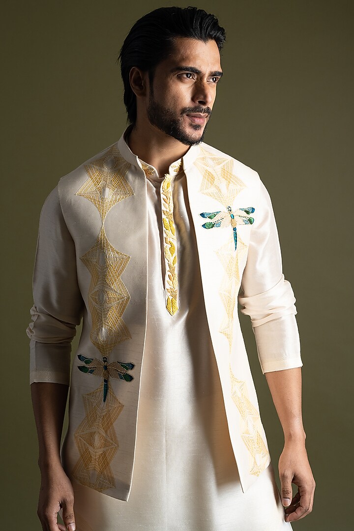 Cream Bemberg Silk & Cotton Thread Embroidered Wedding Indowestern Set by PAARSH at Pernia's Pop Up Shop