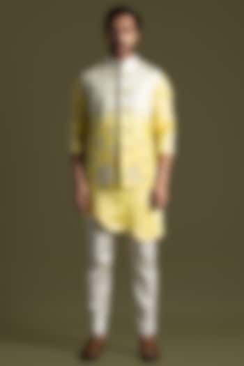 Cream-Yellow Bemberg Silk & Cotton Thread Embroidered Nehru Jacket Set by PAARSH