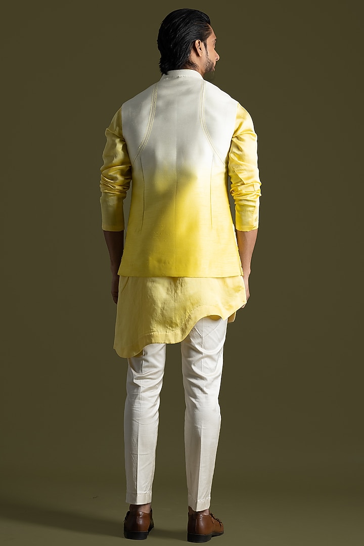 Cream-Yellow Bemberg Silk & Cotton Thread Embroidered Nehru Jacket Set by PAARSH at Pernia's Pop Up Shop