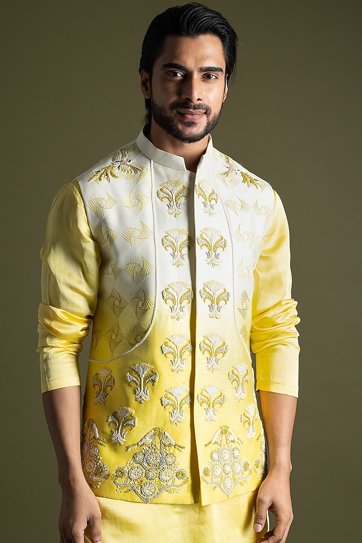 Cream-Yellow Bemberg Silk & Cotton Thread Embroidered Nehru Jacket Set by PAARSH at Pernia's Pop Up Shop