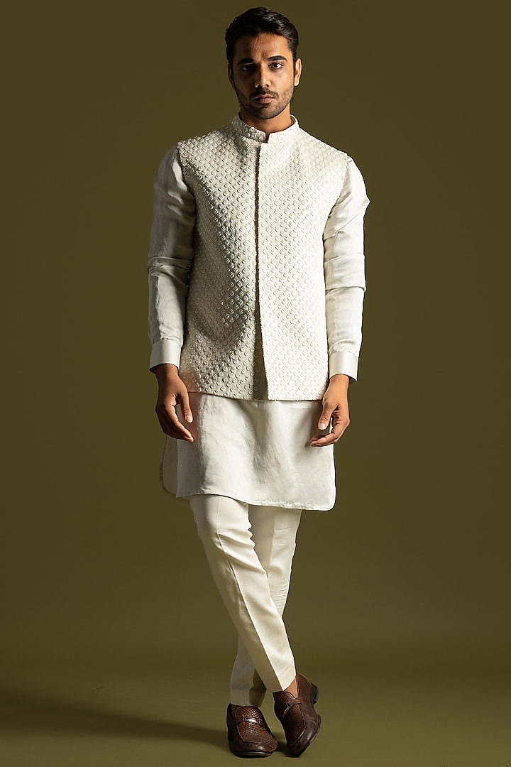 Grey Linen Satin Cutdana Embroidered Nehru Jacket Set by PAARSH