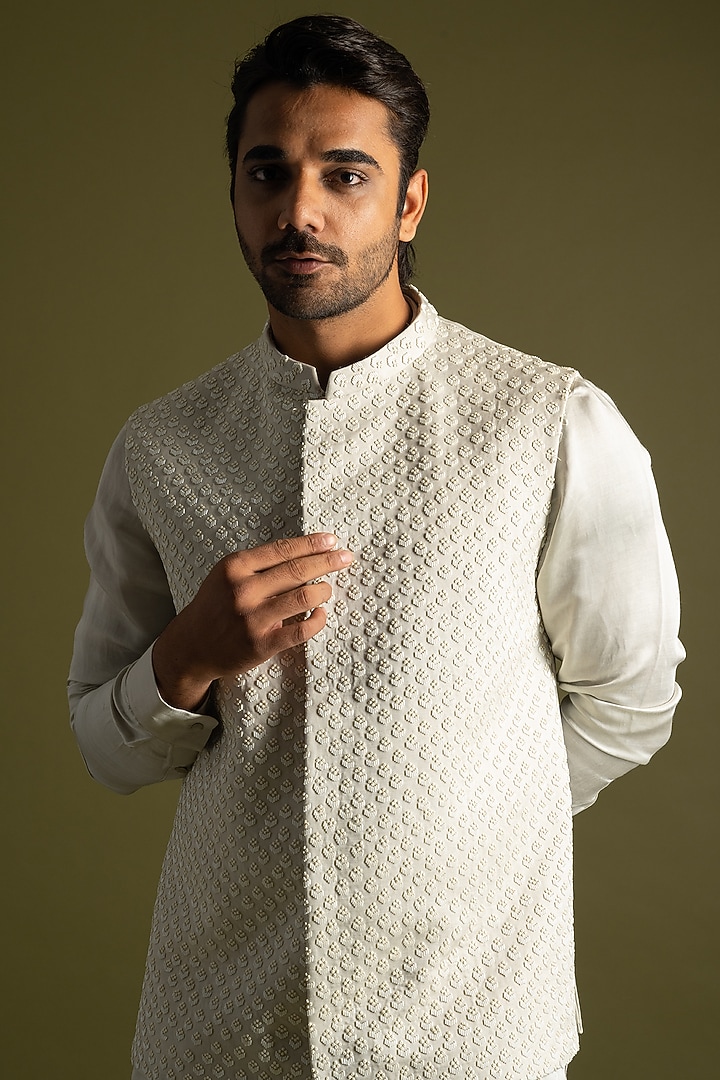 Grey Linen Satin Cutdana Embroidered Nehru Jacket Set by PAARSH at Pernia's Pop Up Shop