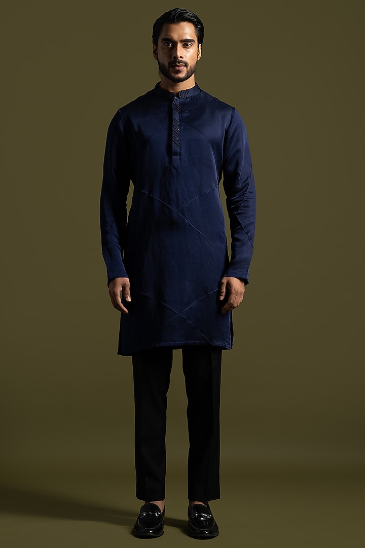 Navy Blue Linen Satin Embroidered Kurta Set by PAARSH at Pernia's Pop Up Shop