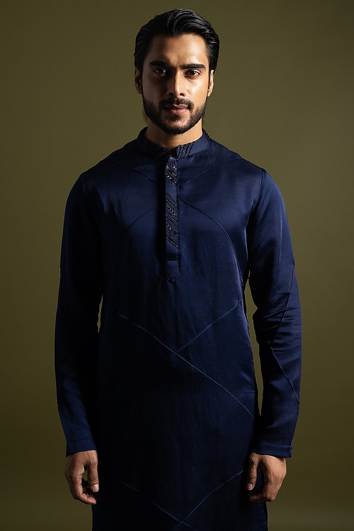 Navy Blue Linen Satin Embroidered Kurta Set by PAARSH at Pernia's Pop Up Shop