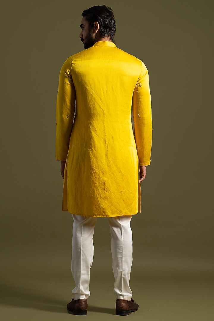 Yellow Linen Satin Motifs Kurta Set by PAARSH at Pernia's Pop Up Shop
