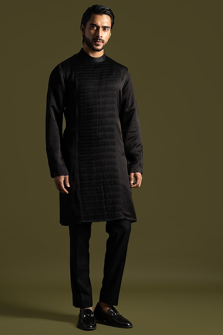 Black Linen Satin Kurta Set by PAARSH at Pernia's Pop Up Shop