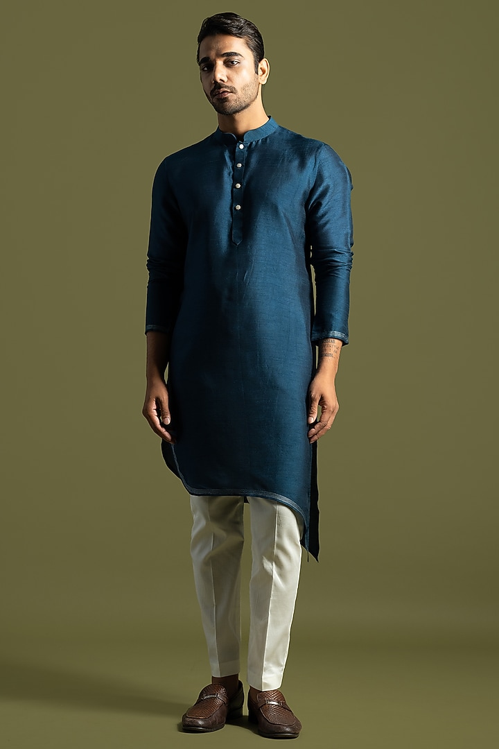 Teal Blue Bemberg Silk Kurta Set by PAARSH at Pernia's Pop Up Shop