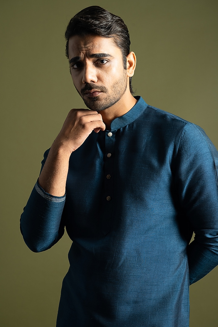 Teal Blue Bemberg Silk Kurta Set by PAARSH at Pernia's Pop Up Shop