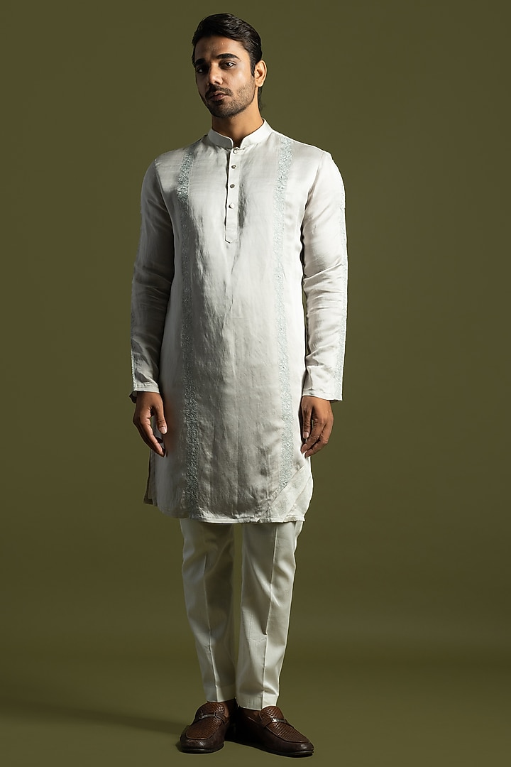 Oyster Grey Linen Satin Embroidered Kurta Set by PAARSH at Pernia's Pop Up Shop