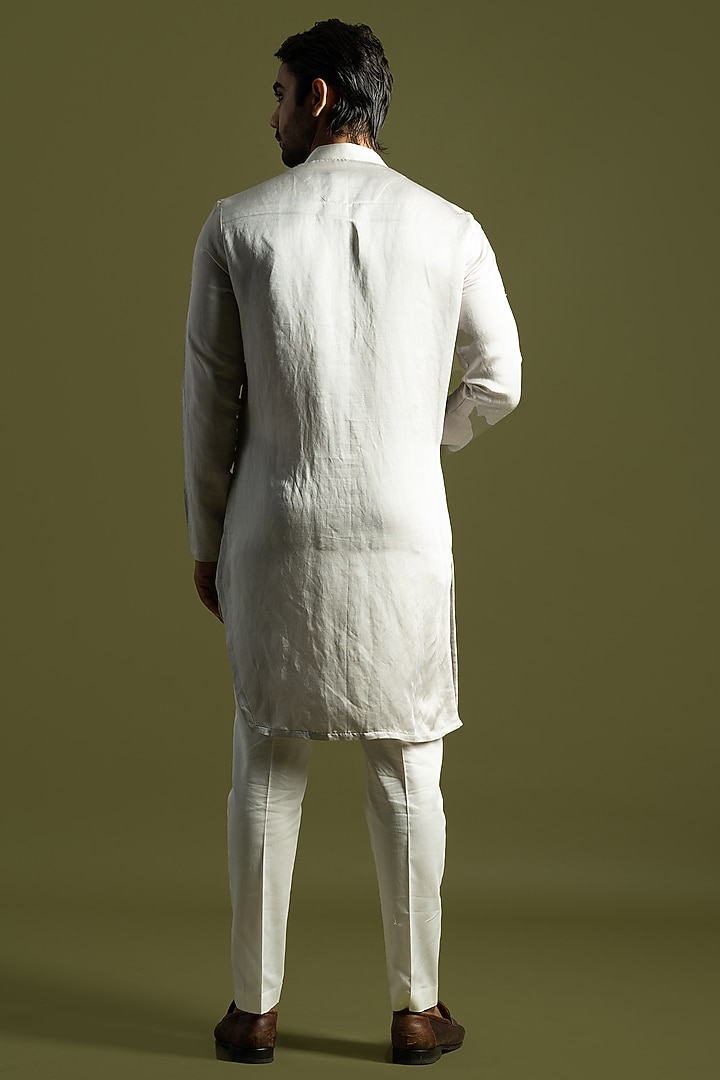 Oyster Grey Linen Satin Embroidered Kurta Set by PAARSH at Pernia's Pop Up Shop