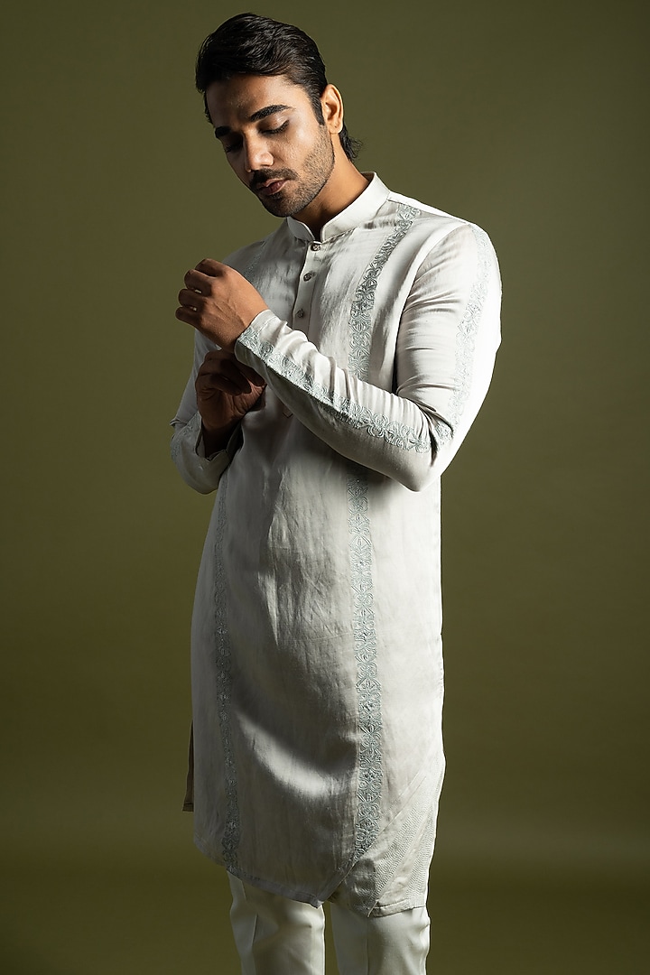 Oyster Grey Linen Satin Embroidered Kurta Set by PAARSH at Pernia's Pop Up Shop
