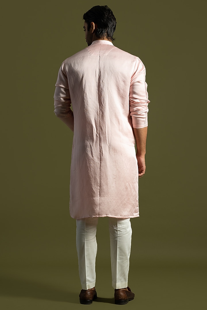 Powder Pink Linen Satin Floral & Motifs Embroidered Kurta Set by PAARSH at Pernia's Pop Up Shop