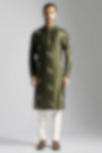 Olive Green Linen Satin Cutdana & Floral Embroidered Kurta Set by PAARSH