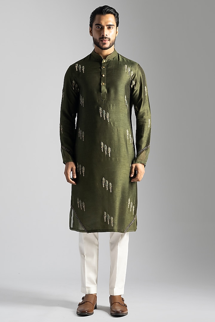 Olive Green Linen Satin Cutdana & Floral Embroidered Kurta Set by PAARSH