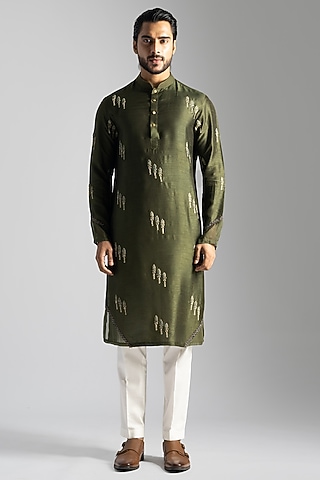 Olive Green Linen Satin Cutdana & Floral Embroidered Kurta Set by PAARSH