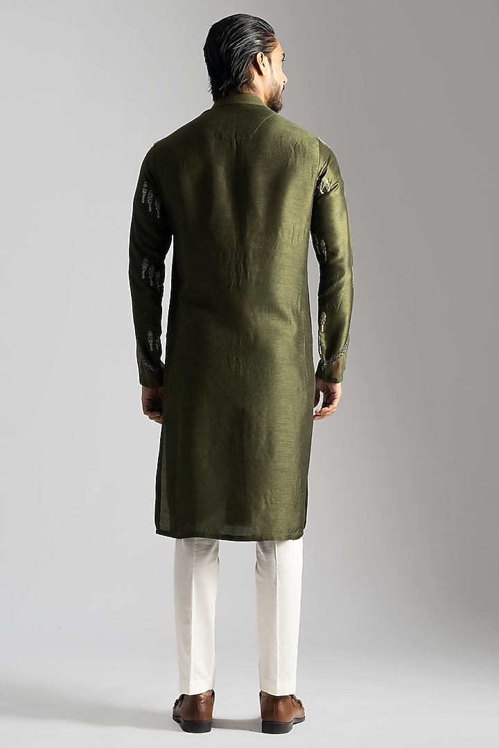 Olive Green Linen Satin Cutdana & Floral Embroidered Kurta Set by PAARSH at Pernia's Pop Up Shop
