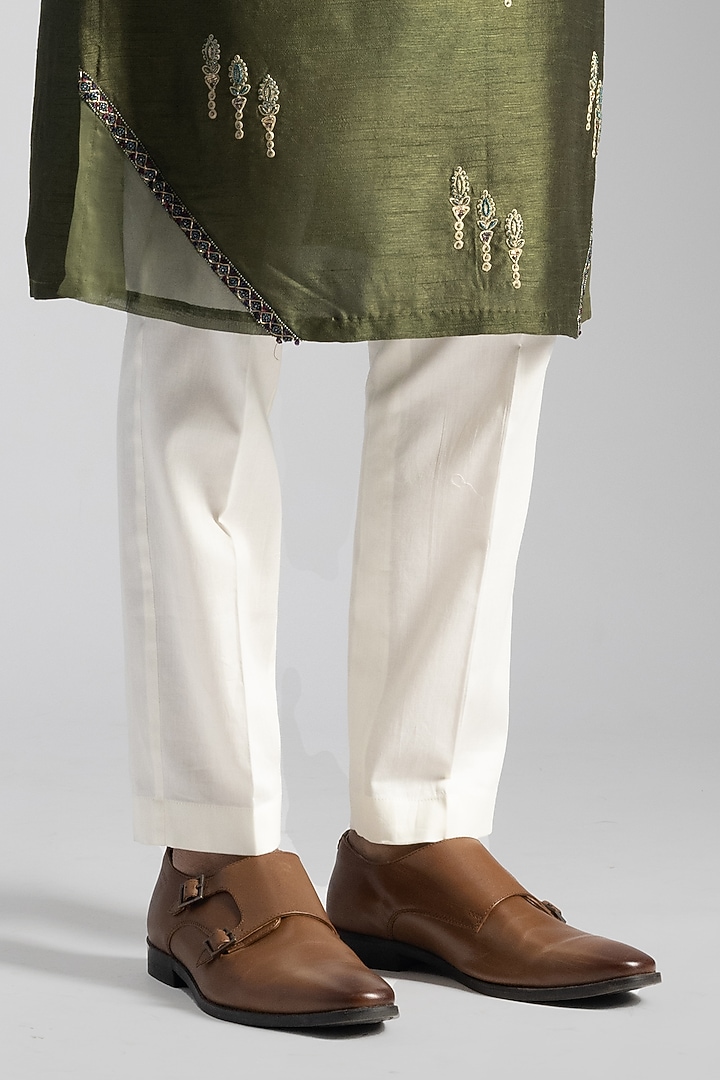 Olive Green Linen Satin Cutdana & Floral Embroidered Kurta Set by PAARSH at Pernia's Pop Up Shop