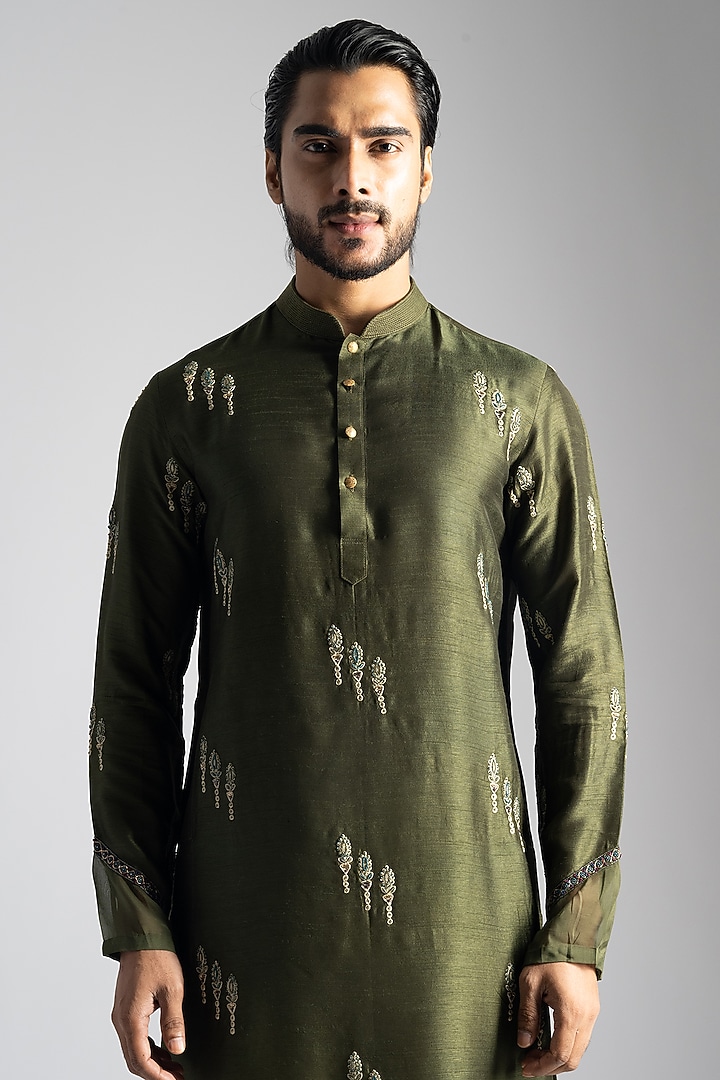 Olive Green Linen Satin Cutdana & Floral Embroidered Kurta Set by PAARSH at Pernia's Pop Up Shop