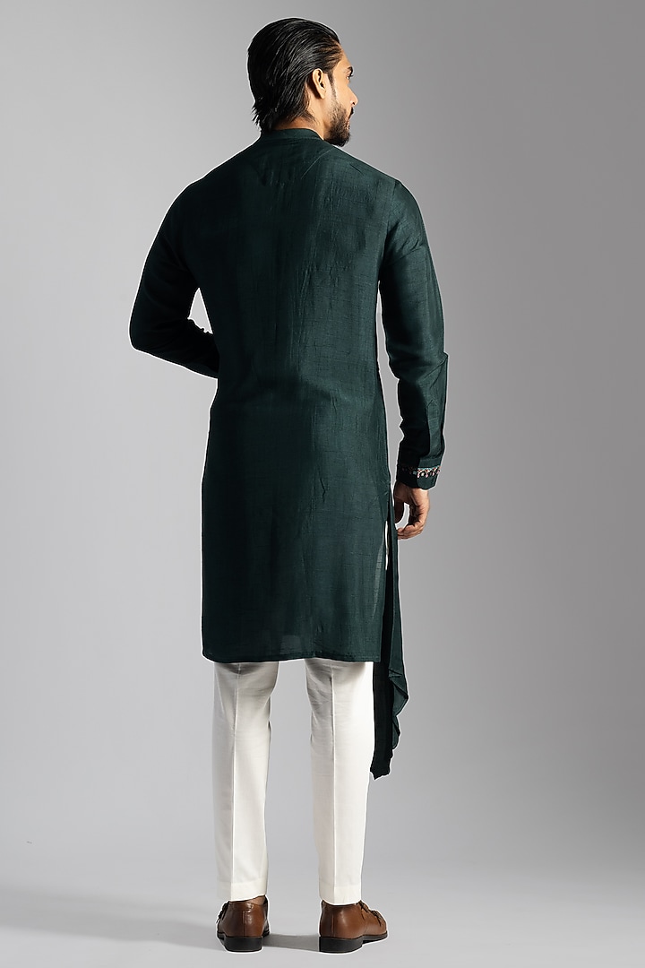 Bottle Green Linen Satin Sequins & Thread Embroidered Draped Kurta Set by PAARSH at Pernia's Pop Up Shop