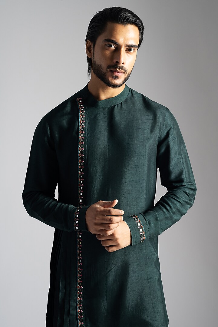 Bottle Green Linen Satin Sequins & Thread Embroidered Draped Kurta Set by PAARSH at Pernia's Pop Up Shop