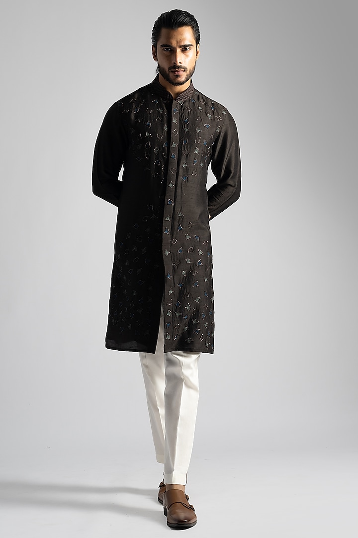 Dark Brown Bemberg SIlk Sequins & Thread Embroidered Shirt Kurta Set by PAARSH