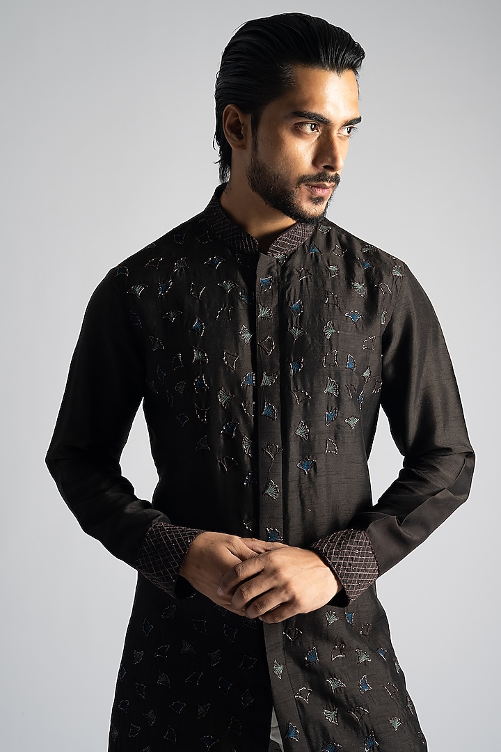 Dark Brown Bemberg SIlk Sequins & Thread Embroidered Shirt Kurta Set by PAARSH at Pernia's Pop Up Shop