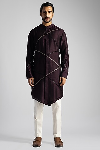 Plum Bemberg Silk Embroidered Shirt Kurta Set by paarsh