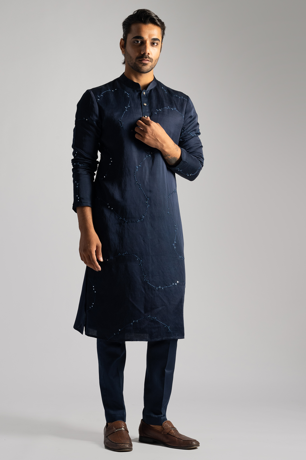 Midnight Blue Linen Satin Abstract & Mirror Kurta Set by PAARSH at Pernia's Pop Up Shop