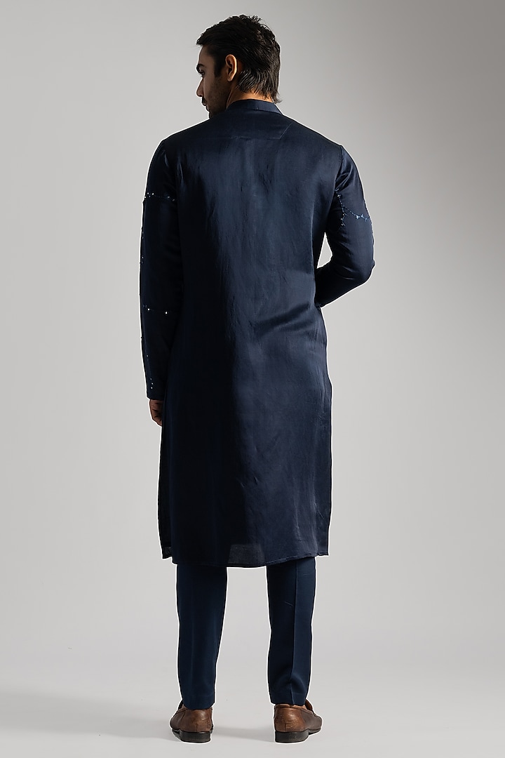 Midnight Blue Linen Satin Abstract & Mirror Kurta Set by PAARSH at Pernia's Pop Up Shop