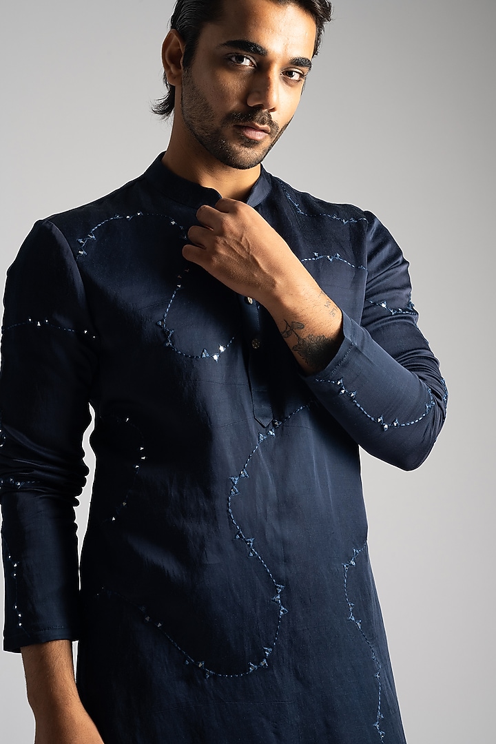 Midnight Blue Linen Satin Abstract & Mirror Kurta Set by PAARSH at Pernia's Pop Up Shop