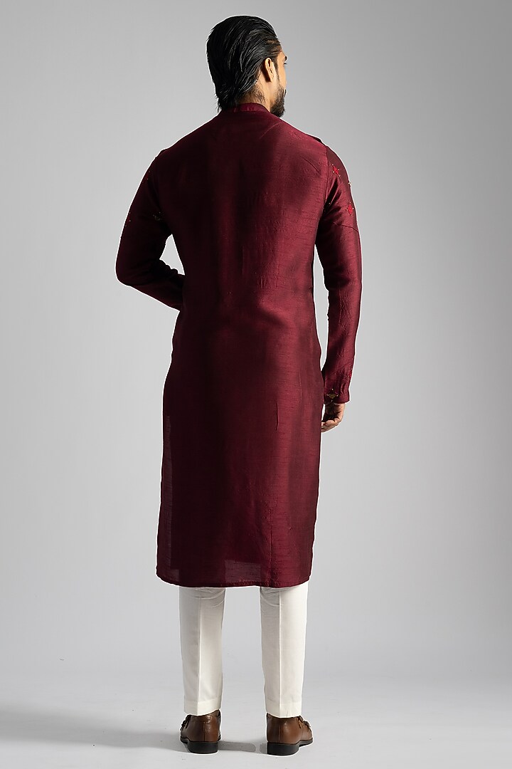 Deep Red Bemberg Silk Geometric Motifs Embroidered Kurta Set by PAARSH at Pernia's Pop Up Shop