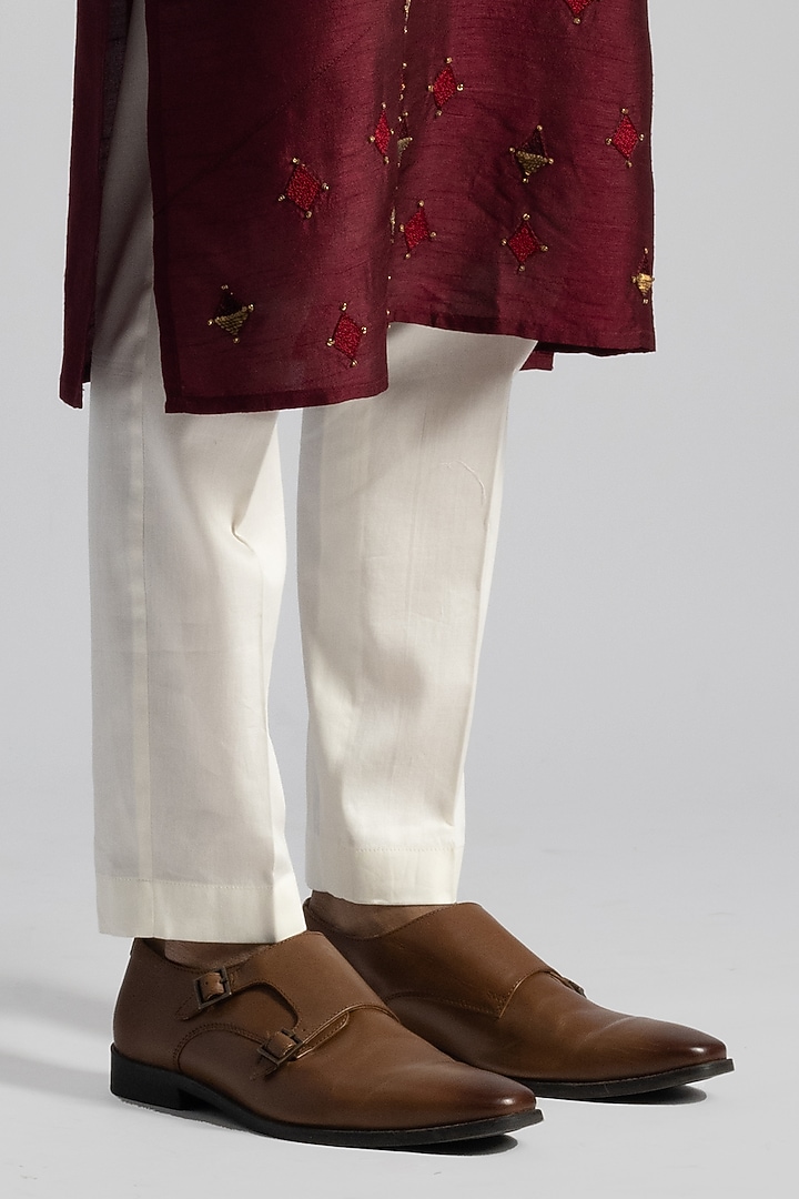 Deep Red Bemberg Silk Geometric Motifs Embroidered Kurta Set by PAARSH at Pernia's Pop Up Shop