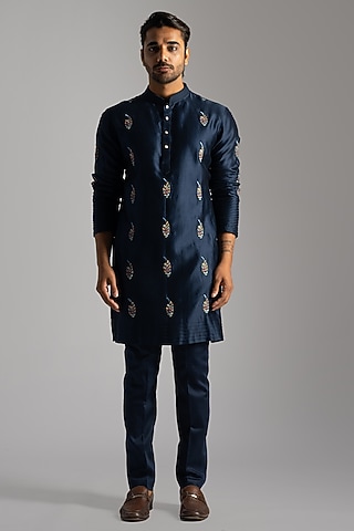 Royal Blue Chanderi Motifs Embroidered Kurta Set by PAARSH