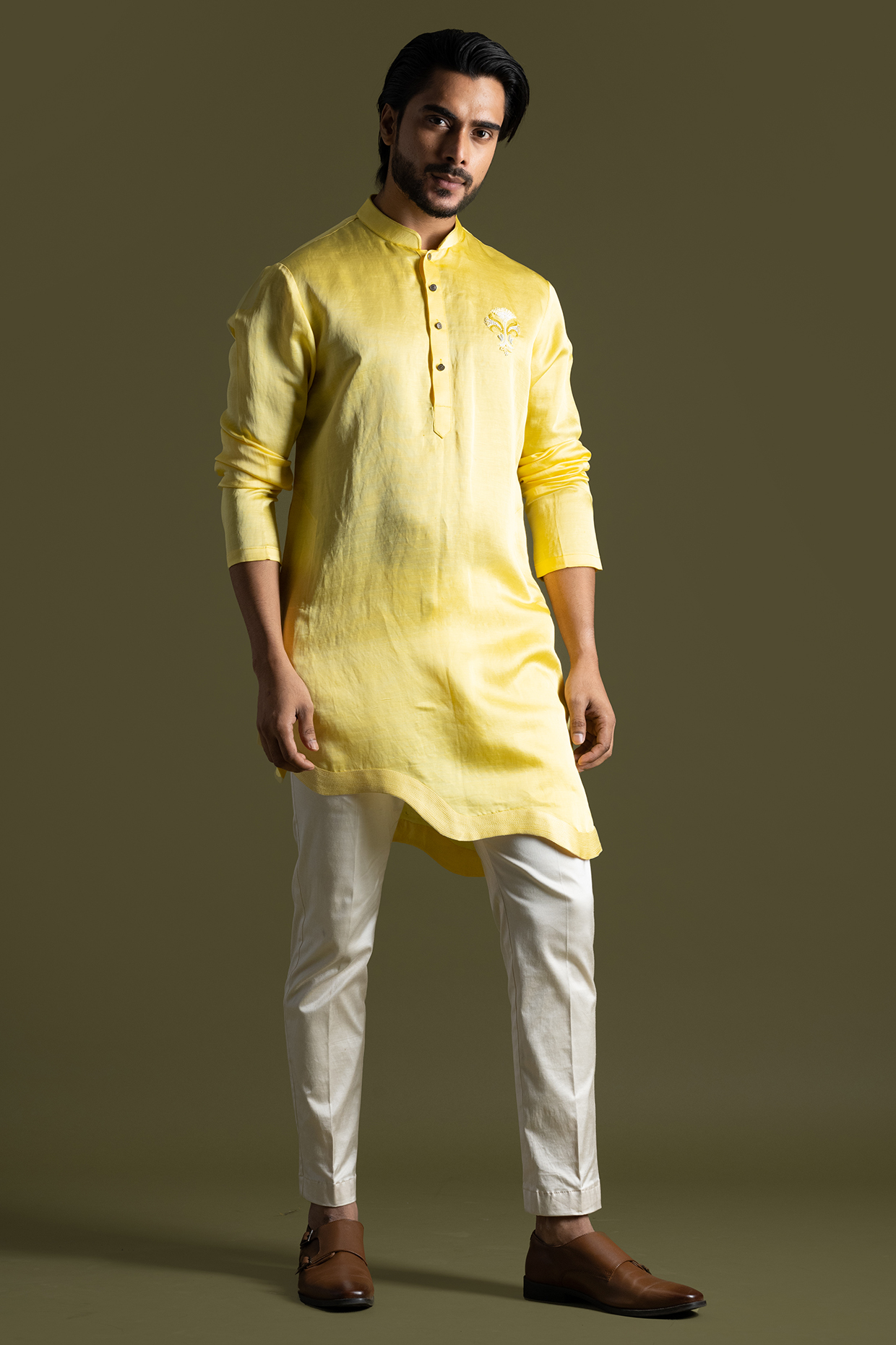 Yellow Linen Satin Motifs Kurta Set by PAARSH at Pernia's Pop Up Shop