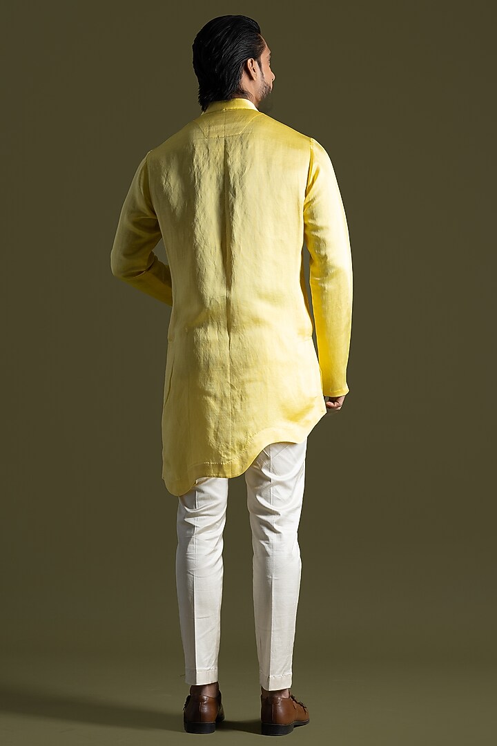 Yellow Linen Satin Motifs Kurta Set by PAARSH at Pernia's Pop Up Shop