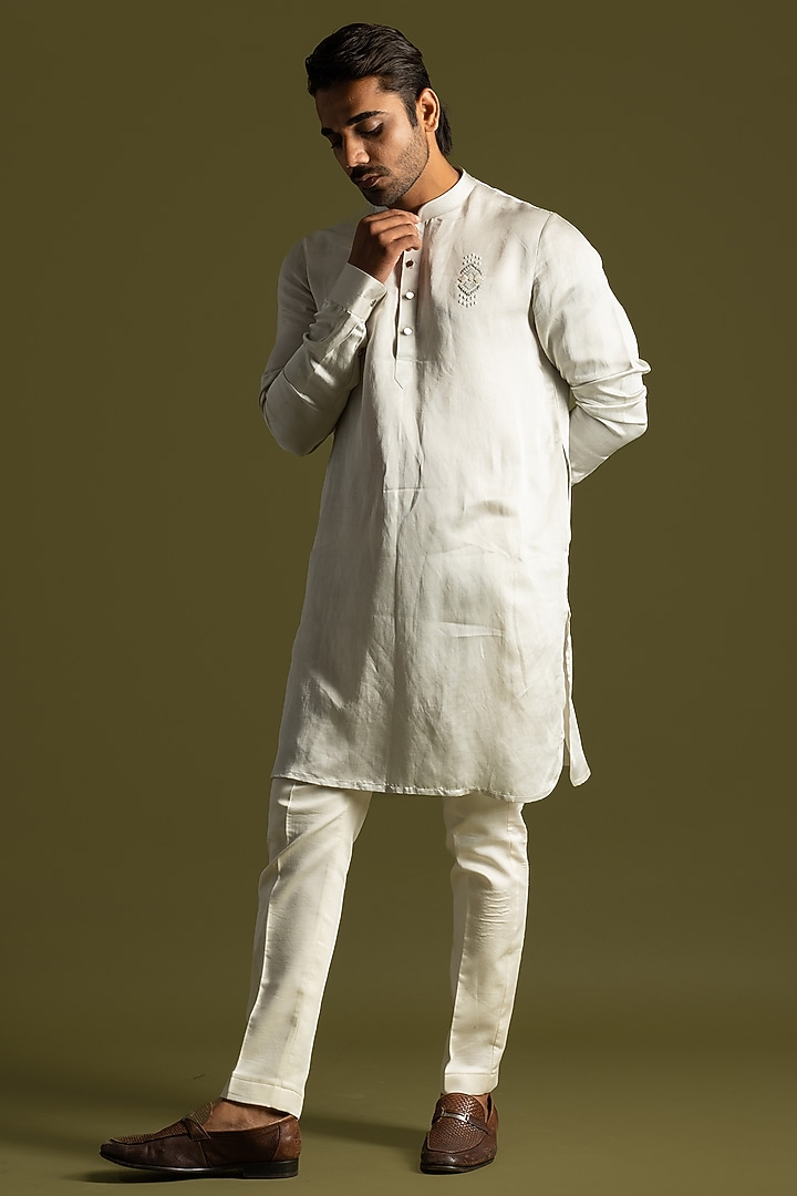 Light Grey Linen Satin Motifs Kurta Set by PAARSH at Pernia's Pop Up Shop