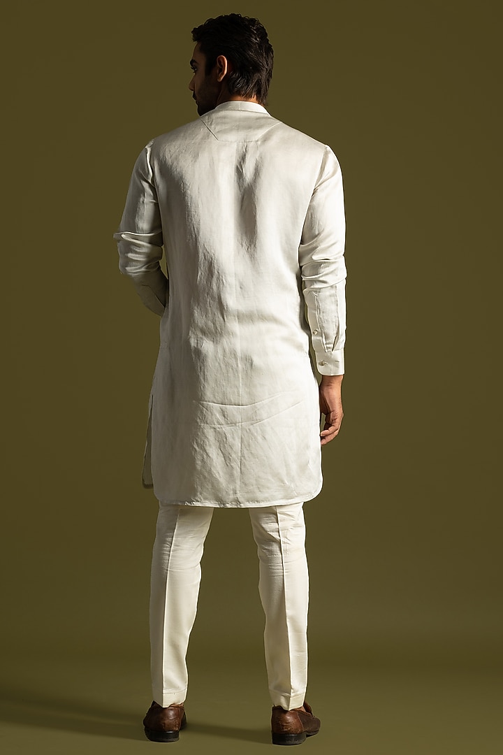Light Grey Linen Satin Motifs Kurta Set by PAARSH at Pernia's Pop Up Shop