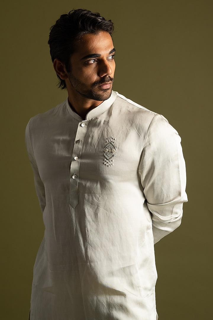 Light Grey Linen Satin Motifs Kurta Set by PAARSH at Pernia's Pop Up Shop