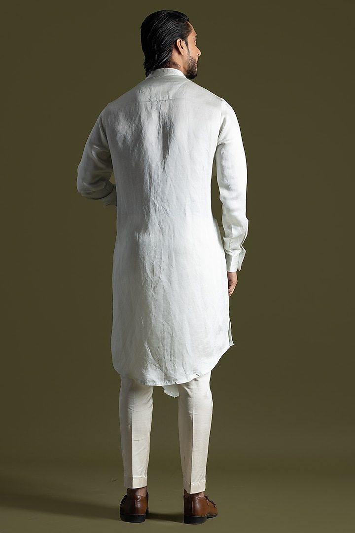 Ice Blue Linen Satin Asymmetric Draped Kurta Set by PAARSH at Pernia's Pop Up Shop