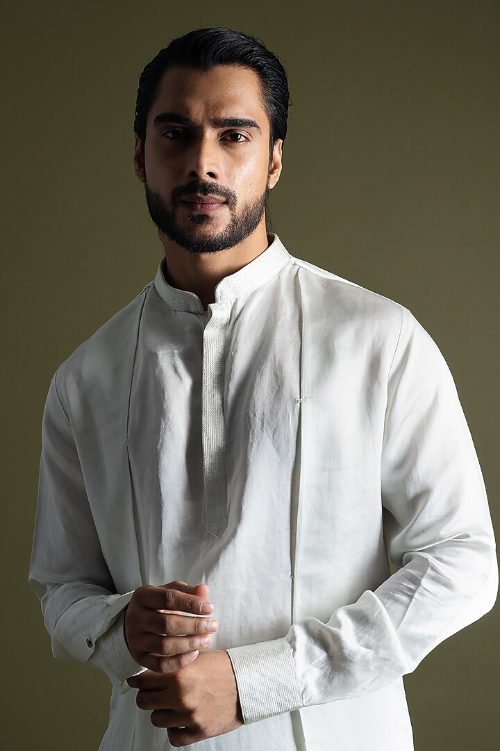 Ice Blue Linen Satin Asymmetric Draped Kurta Set by PAARSH at Pernia's Pop Up Shop