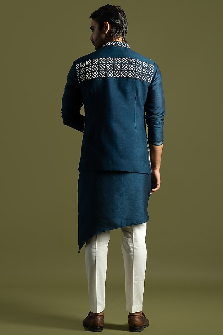 Teal Blue Bemberg Silk Nehru Jacket by PAARSH at Pernia's Pop Up Shop