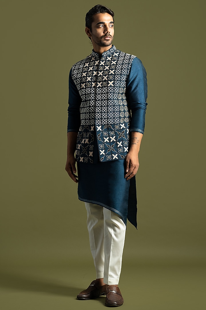 Teal Blue Bemberg Silk Nehru Jacket by PAARSH at Pernia's Pop Up Shop