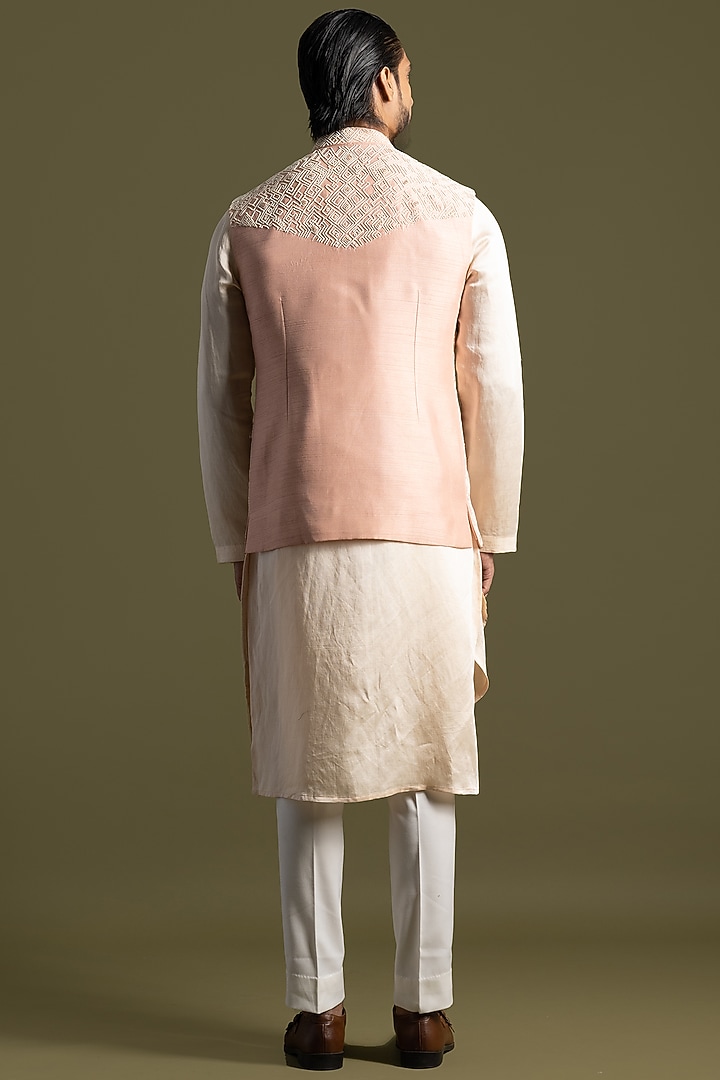 Peach Bemberg Silk Geometric Work Nehru Jacket by PAARSH at Pernia's Pop Up Shop