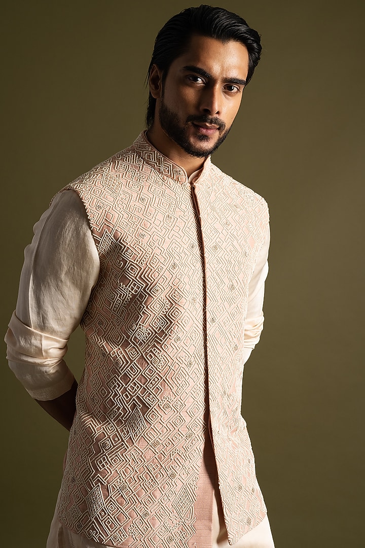 Peach Bemberg Silk Geometric Work Nehru Jacket by PAARSH at Pernia's Pop Up Shop