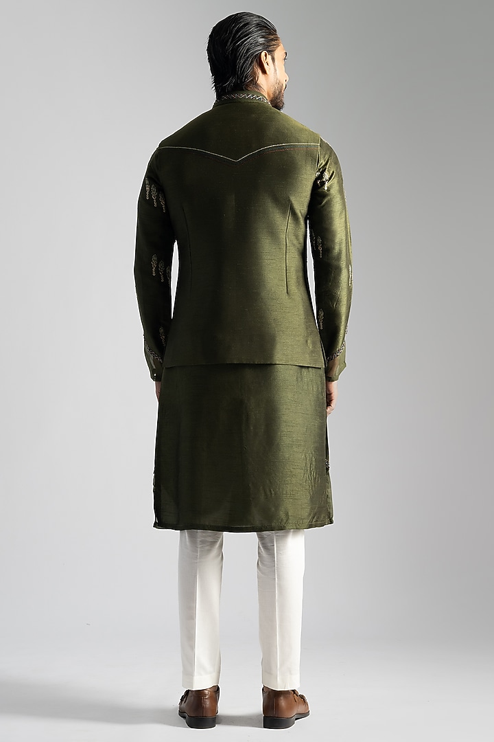 Olive Green Bemberg Silk Embroidered Nehru Jacket by PAARSH at Pernia's Pop Up Shop
