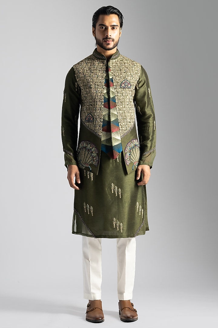 Olive Green Bemberg Silk Embroidered Nehru Jacket by PAARSH at Pernia's Pop Up Shop